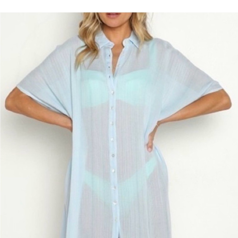 Sheer Light Blue Button-Front Beach Cover-Up